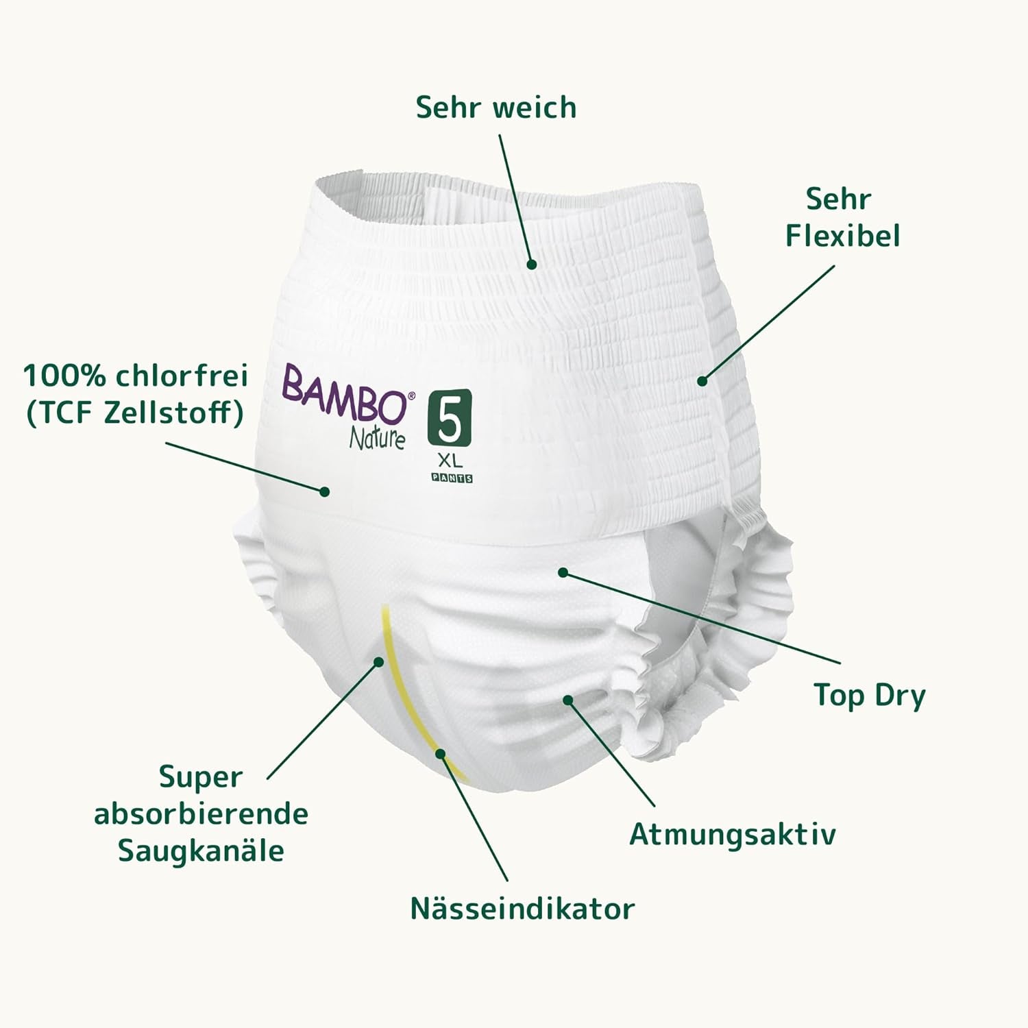 Couches Bambo Nature, taille 5 (11-17kg) - Boîte mensuelle de 95 | Couches avec protection améliorée contre les fuites | Confort et liberté ultimes pour les enfants actifs | Couches testées dermatologiquement
