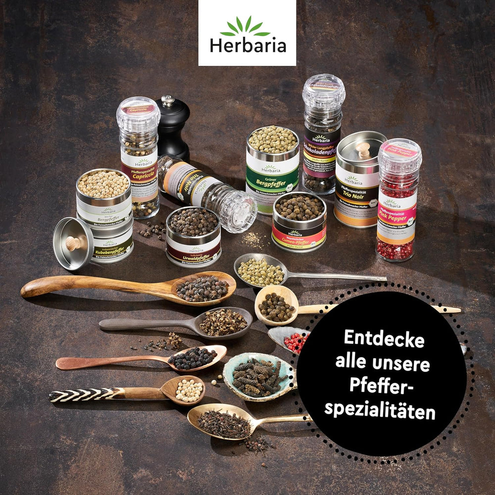Herbaria Trio Noir bio 75g M-Dose – Bio Pfeffer schwarz ganz – ganze Pfefferbeeren – schwarze Pfeffermischung aus biologischem Anbau von trois verschiedenen Regionen - in nachhaltiger Aromaschutz-Dose
