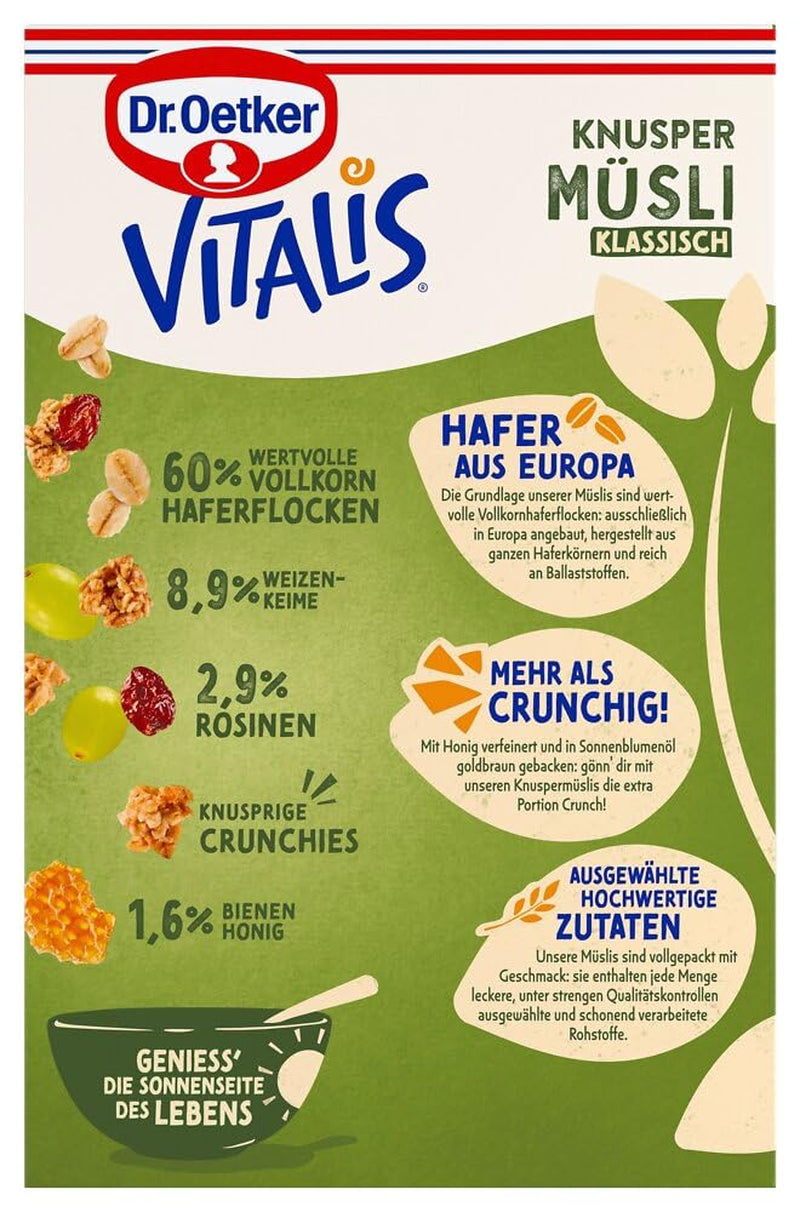 Dr. Oetker Vitalis Classic Crispy Muesli : Grand paquet de muesli croustillant pour petit-déjeuner aux raisins secs, 1 paquet, 1,5 kg