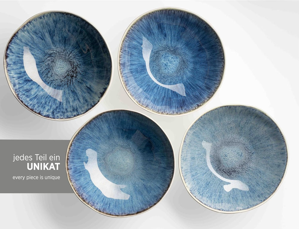 MÄSER 934092 Série Frozen, service de table en céramique pour 4 personnes, service combiné de 16 pièces avec formes organiques, service teinté bleu, grès, bleu foncé