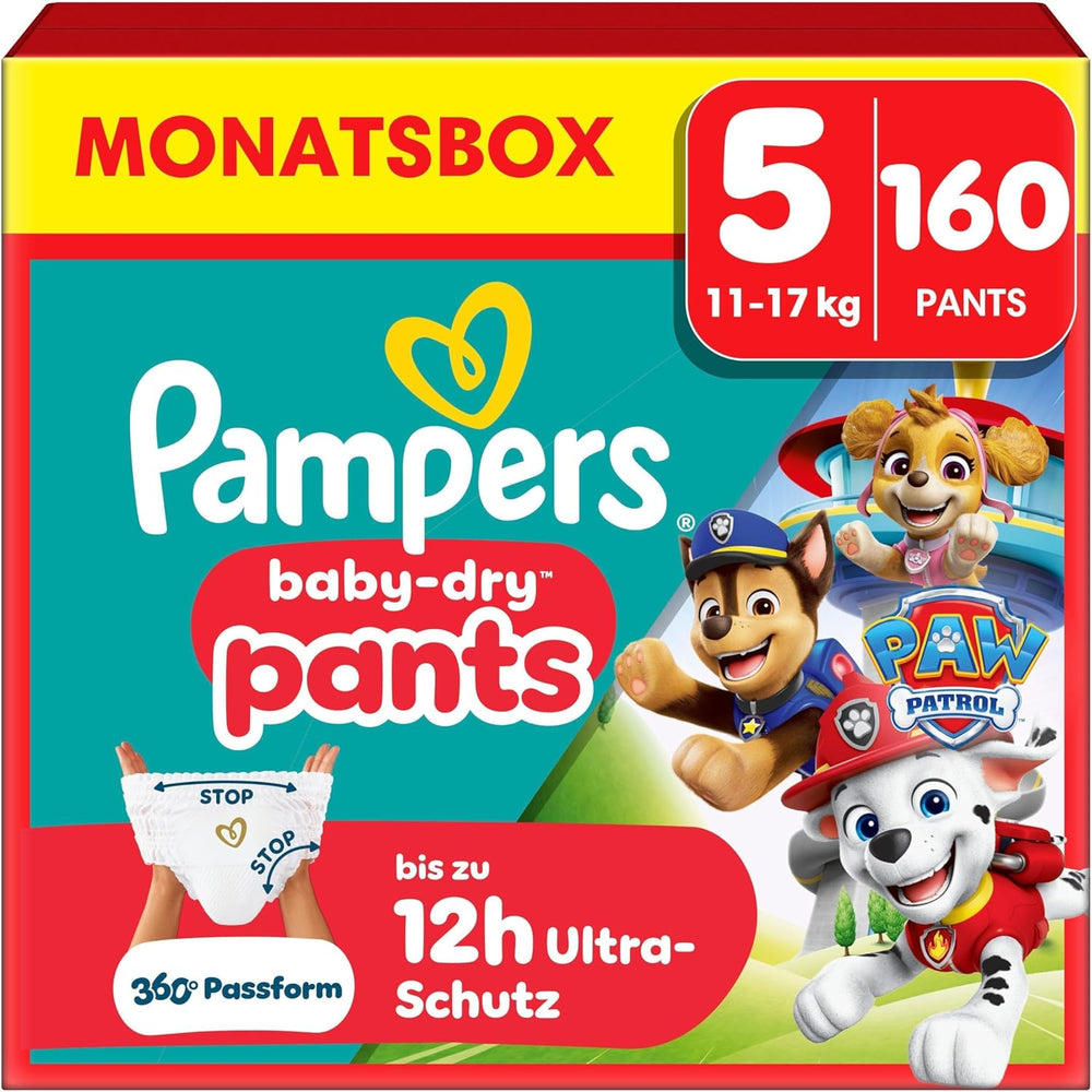 Pampers Baby Dry Pants Diaper Patrol Puppy Edition, taille 5, 160 couches, 11 kg - 17 kg, réglage 360° avec système d'arrêt et de protection