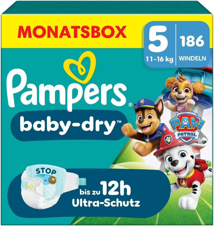 Couches Pampers Baby-Dry Puppy Patrol Edition, taille 5, 186 couches, 11 kg - 16 kg, protection contre les fuites jusqu'à 100 % et confort toute la nuit