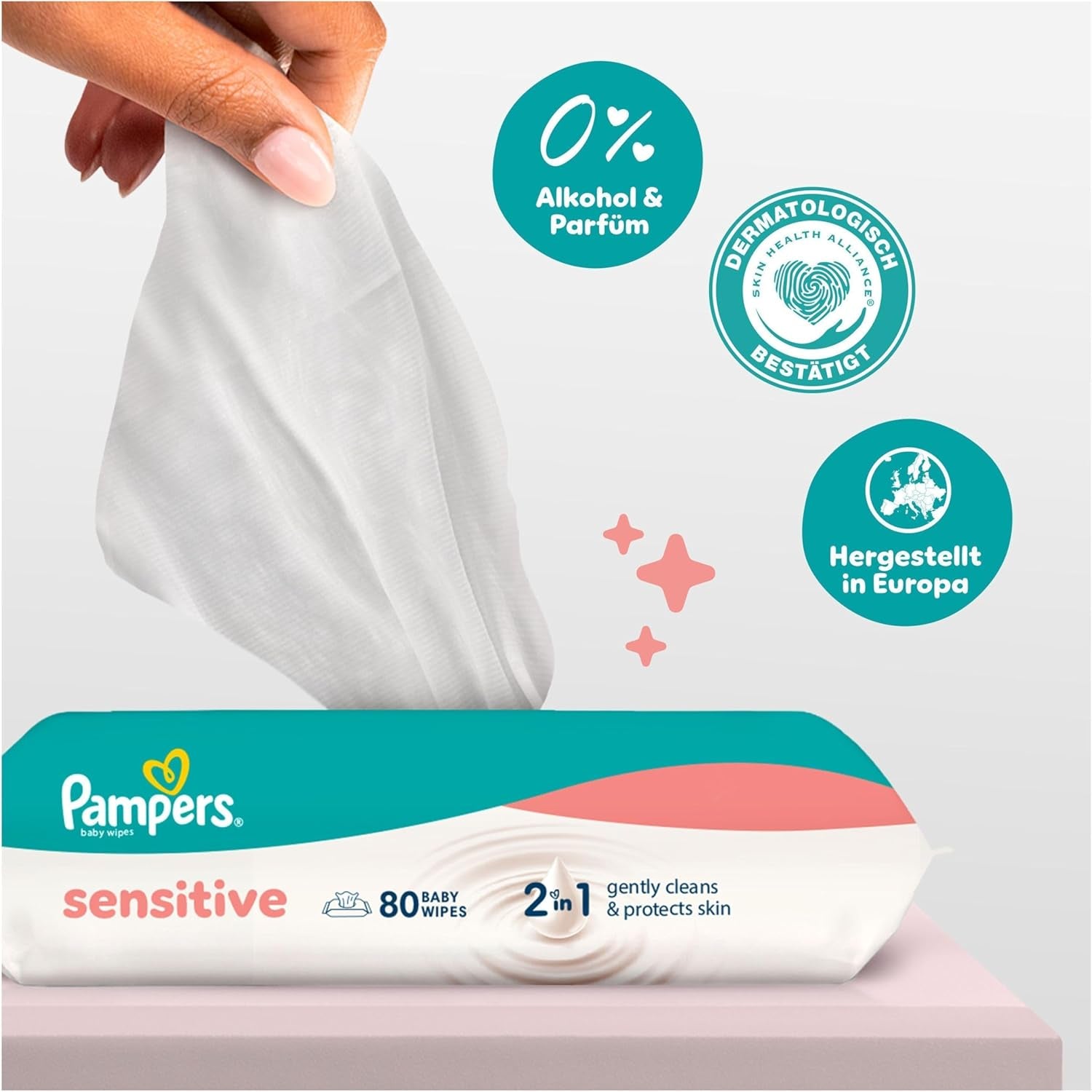 Lingettes Pampers Sensitive pour bébé, paquet de 15 de 80 lingettes, 1200 lingettes pour bébé, nettoyage doux 2 en 1 et protection de la peau