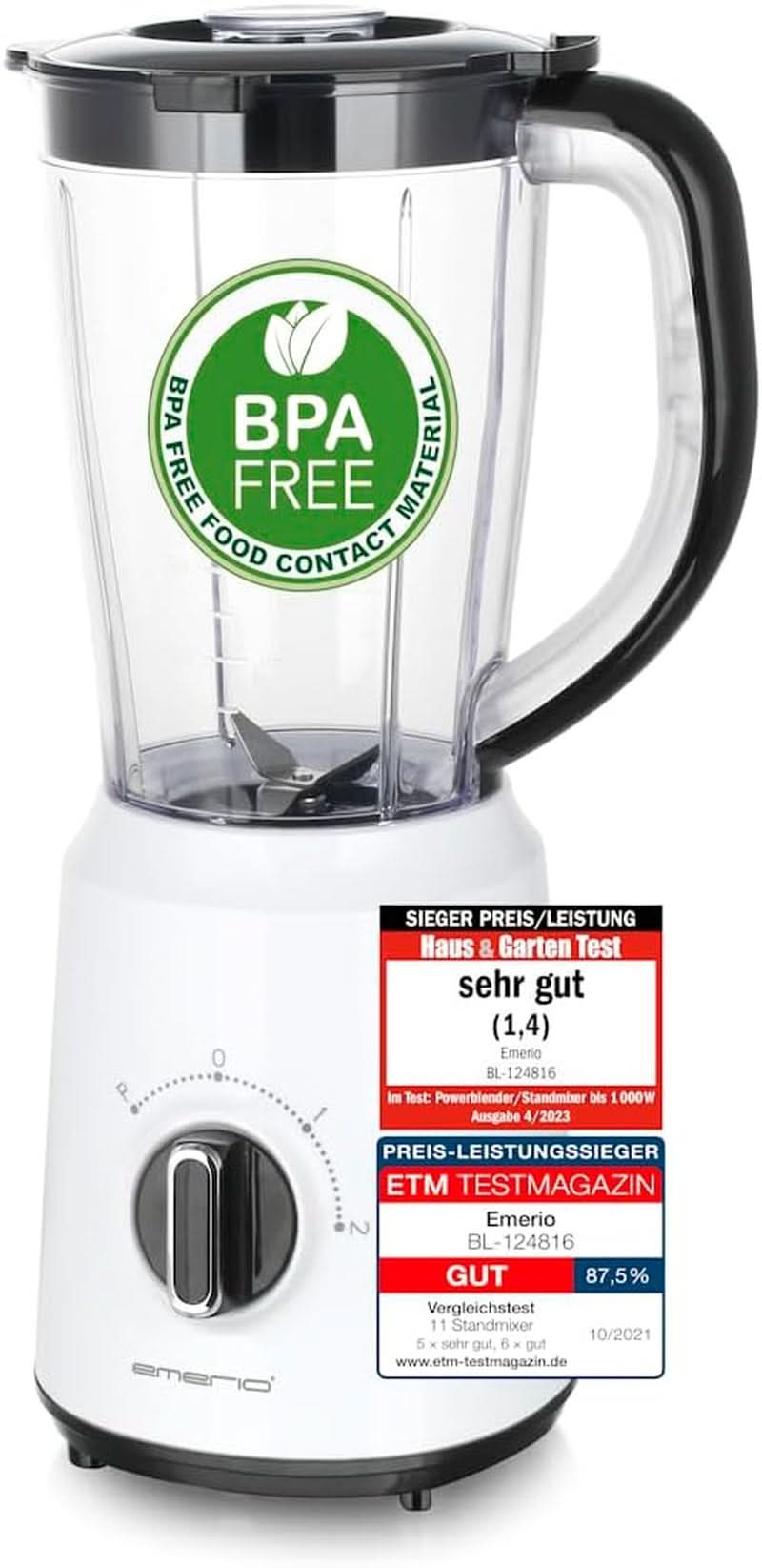 Emerio Standmixer BPA Frei Crush Ice Function 1.5L Behälter 2 Geschwindigkeiten + Pulse Funktion Messereinheit Aus Edelstahl Sicherheitsschalter Geschirrspülgeeignet 500 Watt BL-12816.8 Schwarz Bucatarie Naty Shop Weiß
