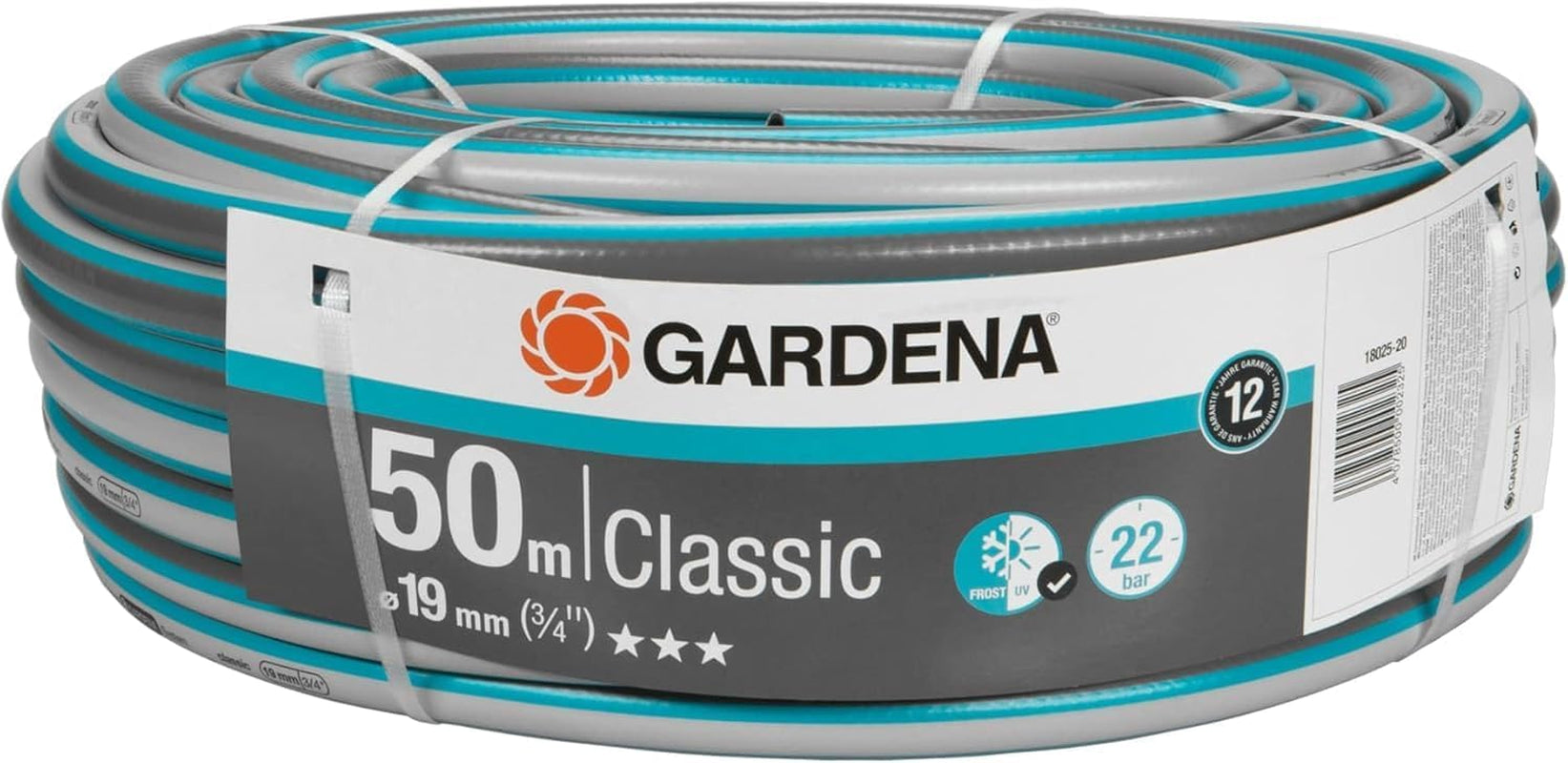 Furtun Gardena Classic 19 mm (3/4 inch), 20 m: Furtun de grădină universal fabricat din material textil robust, țesut încrucișat, presiune de spargere de 22 bar, rezistent la UV, fără componente de sistem, garanție de 12 ani (18022-20)