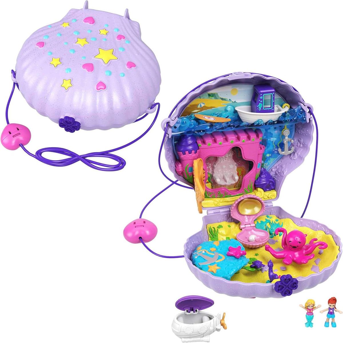 Polly Pocket Boîte de rangement Sac coquillage avec 2 poupées et 1 sous-marin Polly Pocket Sirène Jouet 4 ans et plus GNH11