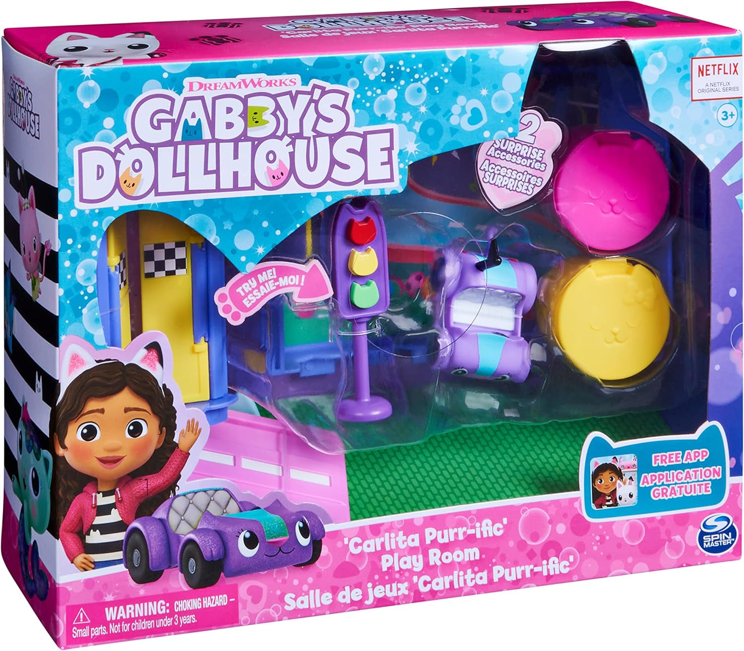 Chambre Deluxe Gabby's Dollhouse, salle de jeux Purr-Ific, salle de jeux avec voiture jouet Carlita, 2 meubles et 2 boîtes surprises avec accessoires, convient aux maisons de poupées à partir de 3 ans Naty Shop