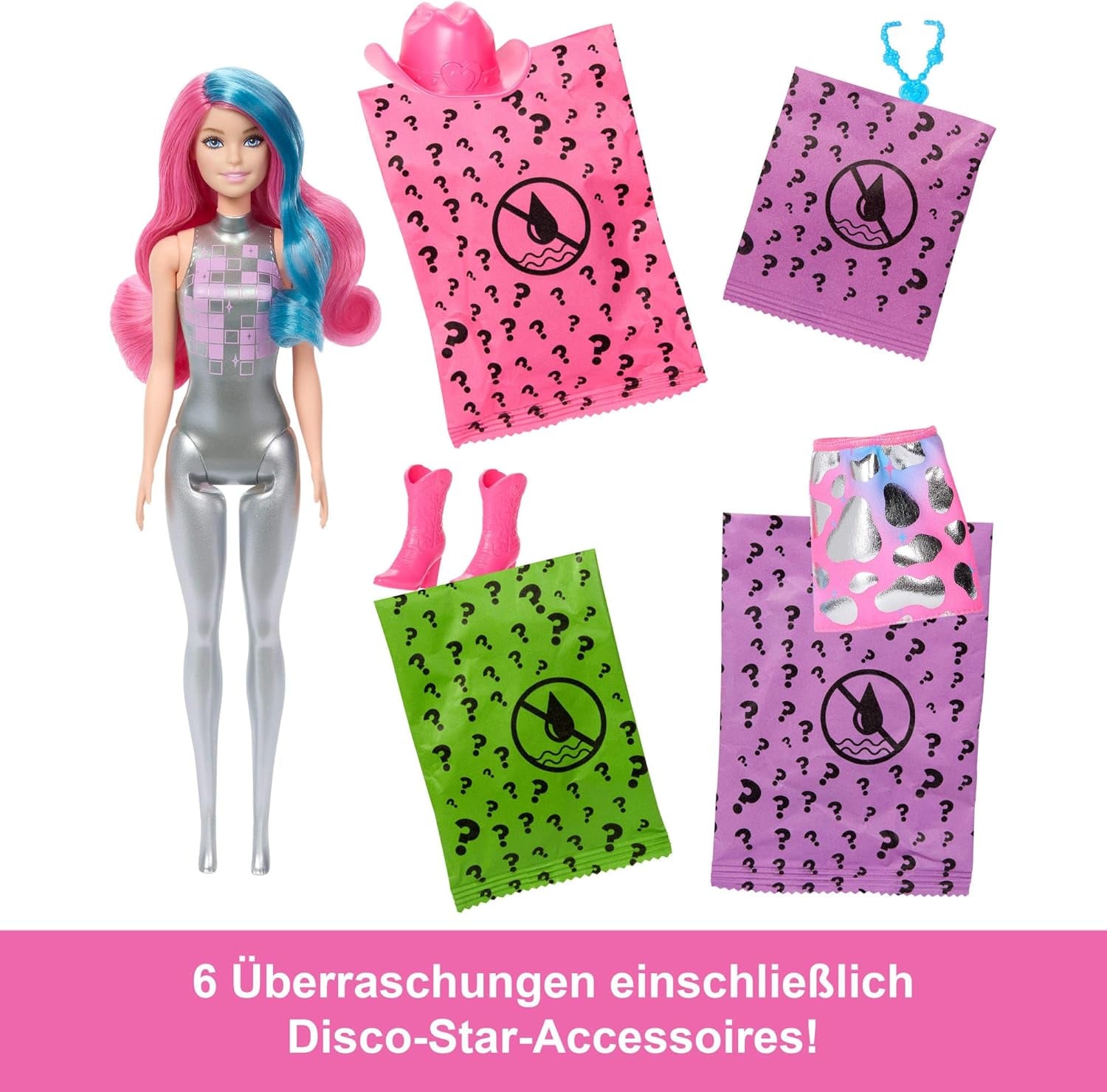 Poupée Barbie Color Reveal et accessoires avec 6 surprises, série Disco Star avec paillettes métalliques et dessus changeant de couleur (les styles peuvent varier), JCP01, 32 cm