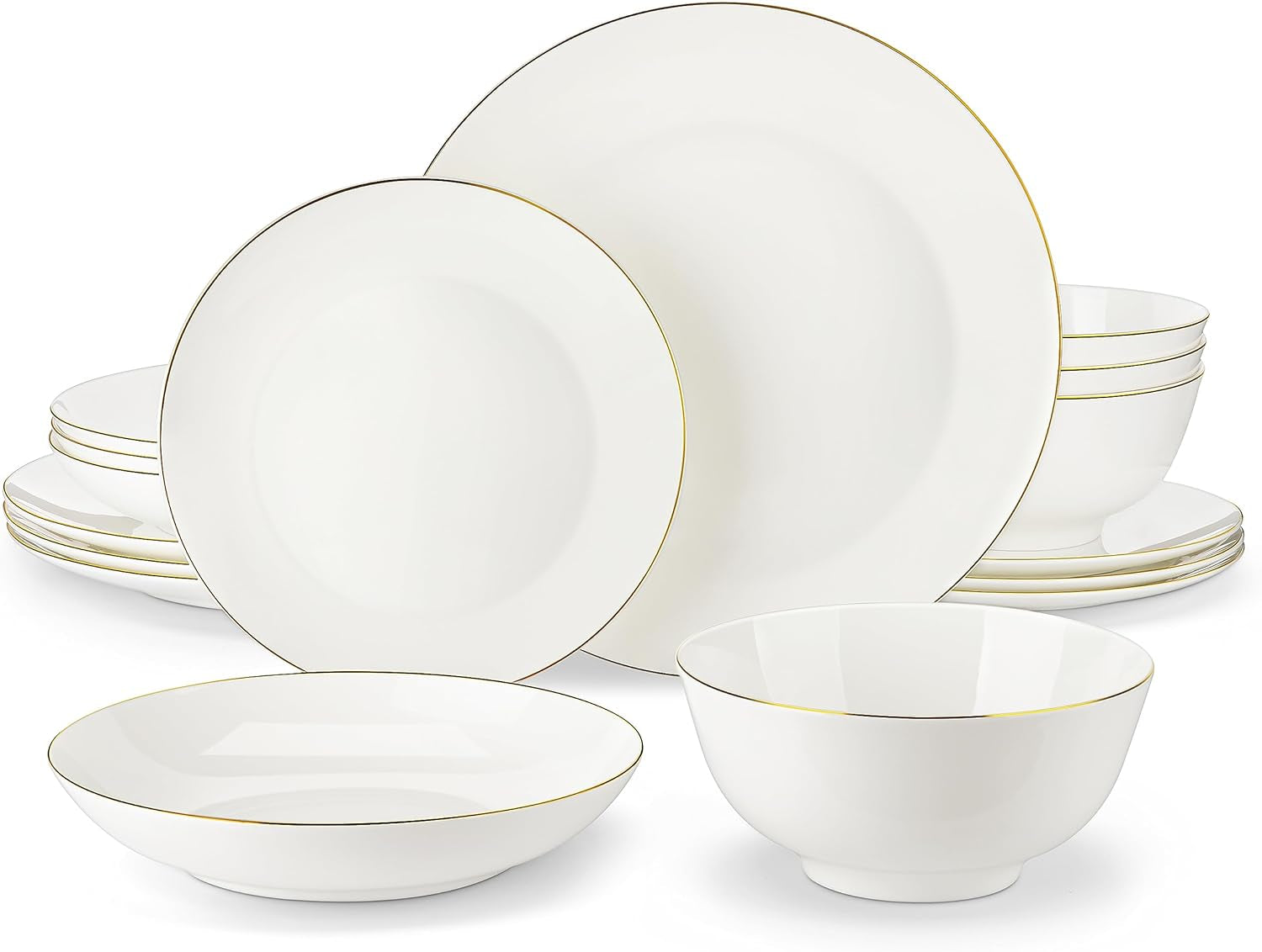 MALACASA Service de table pour 4 personnes en porcelaine tendre, service de table 16 pièces rond blanc avec bord doré, ensemble combiné de 4 assiettes plates, 4 assiettes à dessert, 4 assiettes Suma et 4 bols à céréales Série NORI