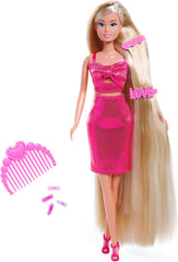 Simba Steffi Love Dream Hair – Chevilles avec cheveux extra longs, inkl. Haarclips & Kamm, dans une robe scintillante rose, 29 cm de gros, poupée de frisette pour enfants à partir de 3 ans