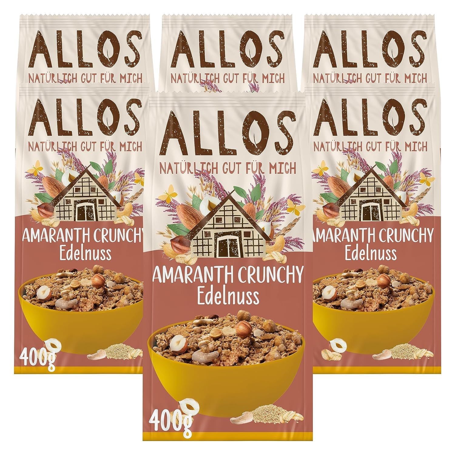 Muesli croquant premium aux noix et amarante Allos | Muesli biologique | Muesli aux noix | Gruau | Céréales pour le petit déjeuner | Végétalien | Paquet de 6 (6x400g)