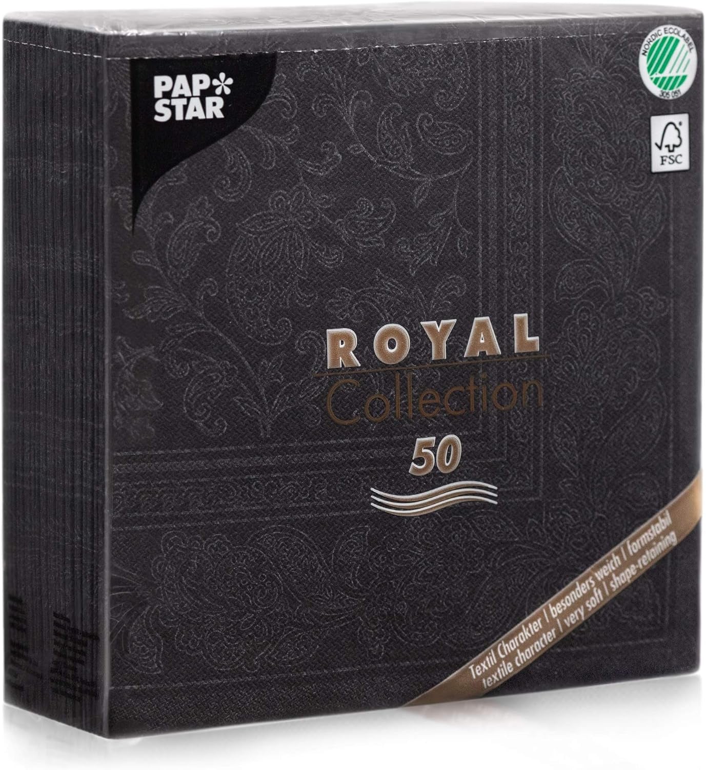 50 serviettes Collection ROYAL pli 1/4 40 X 40 noir "Ornements"