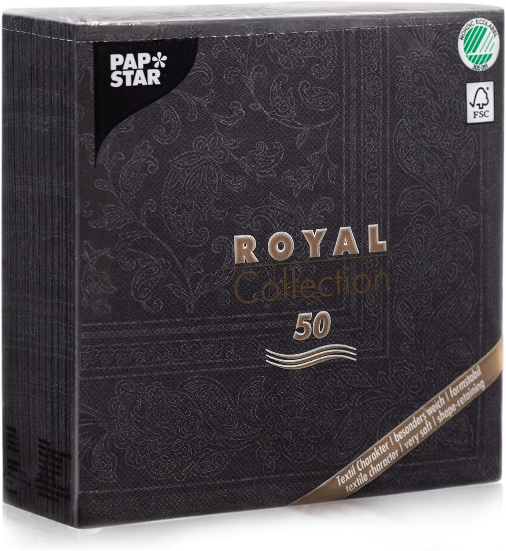 50 serviettes Collection ROYAL pli 1/4 40 X 40 noir "Ornements"