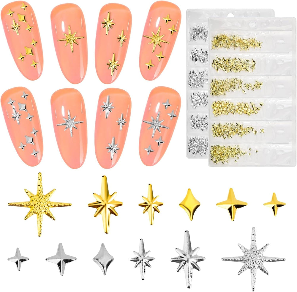 400 pièces de breloques pour ongles en forme d'étoile dorée et argentée, décorations en métal 3D en forme d'étoile, conception d'ongles en forme d'étoile en forme de taille gemme pour décoration d'ongles
