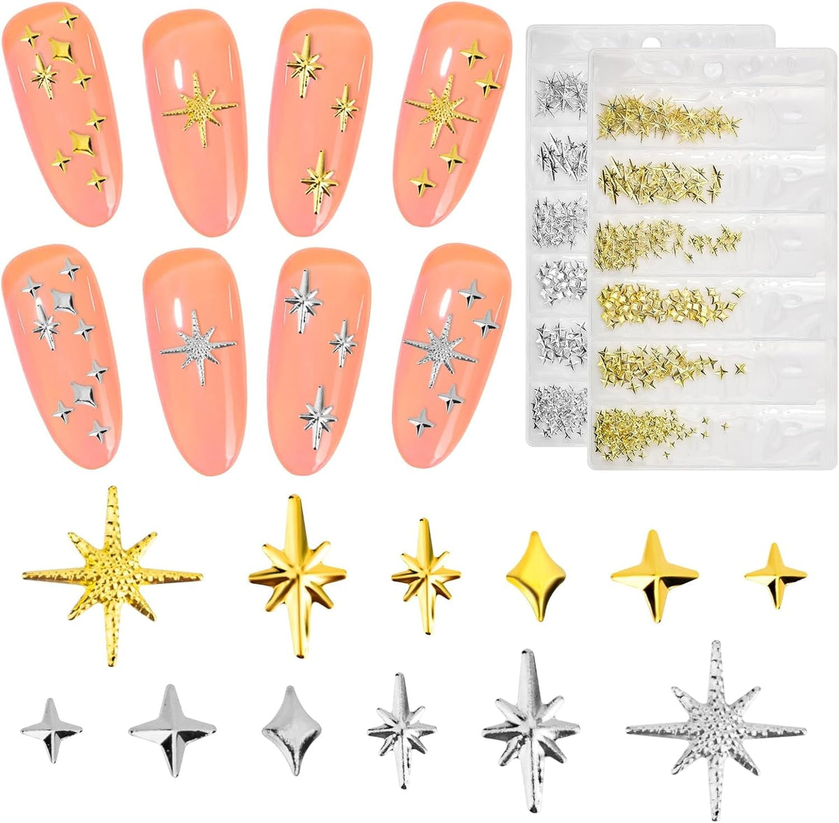 400 pièces de breloques pour ongles en forme d'étoile dorée et argentée, décorations en métal 3D en forme d'étoile, conception d'ongles en forme d'étoile en forme de taille gemme pour décoration d'ongles