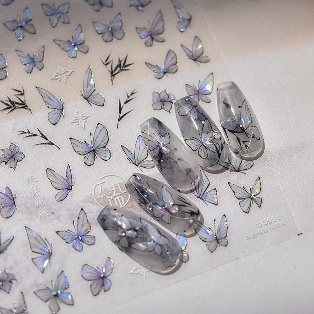 2 Blätter Schmetterling Nagelsticker Selbstklebend,Muschel Glitzer Nail Art Butterfly Nail Sticker Lila Grau Schmetterlinge Nagelaufkleber Relief Laser Papillons Nagel Sticker Nageldesign Zubehör