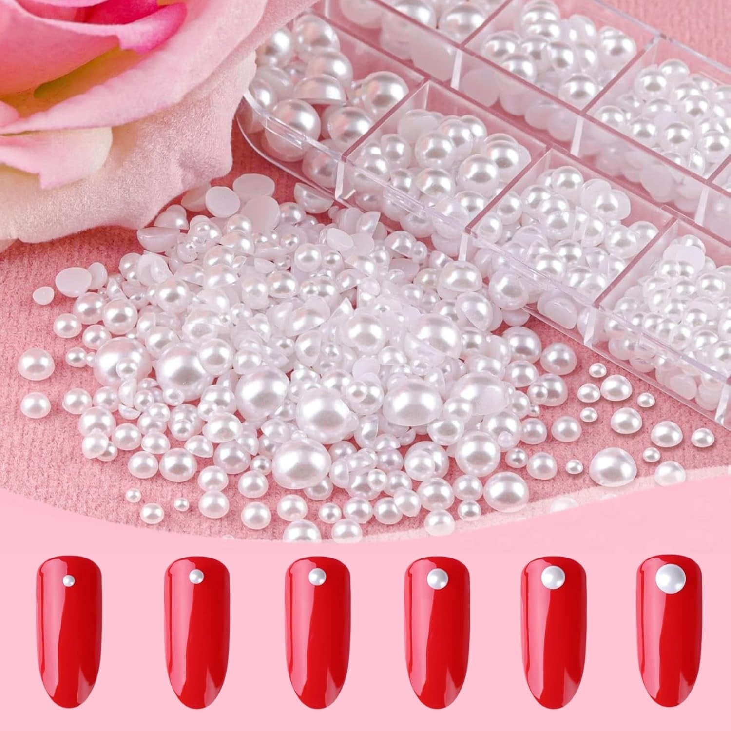 12 Größen Nail Art Perlen, Flache Perlen, Nail Art Accessoires, Halbkreis Nagelperlen, Weiße Nail Charms Und Glitzersteine ​​​​Nägel Für Nail Art Design, DIY Basteln, Alltag, Hochzeit (2 boîtes)