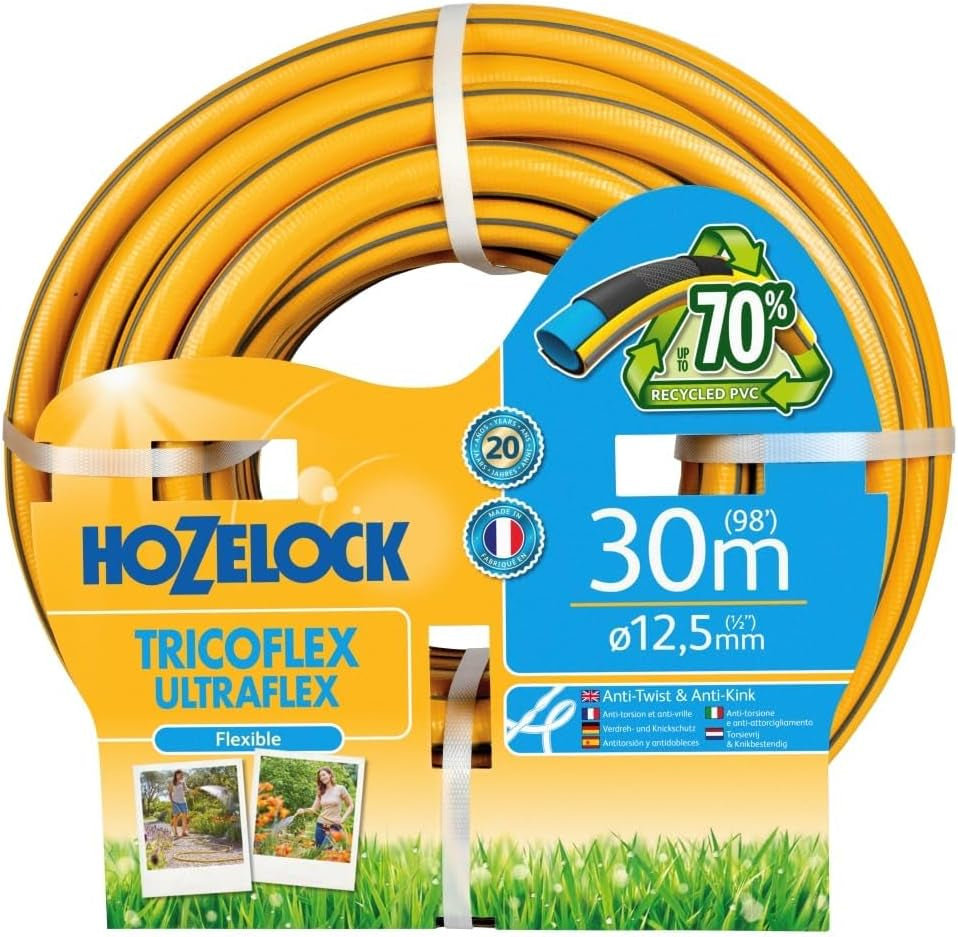 Tuyau HOZELOCK - Ultramax 12,5 mm x 30 m, jusqu'à 70 % de PVC recyclé, robuste, résistant aux intempéries, anti-torsion, résistant à la flexion et à l'écrasement, gris