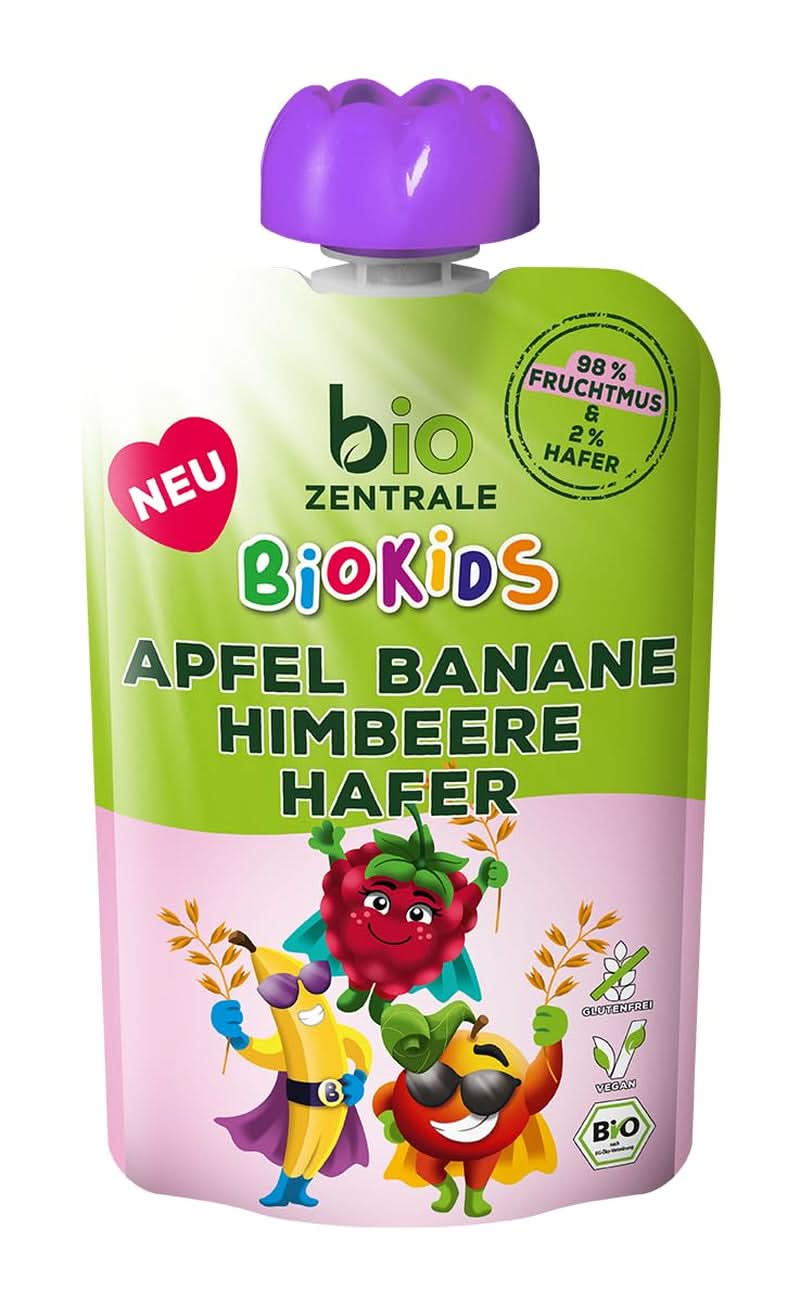 Biozentrale Biokids purée de fruits pommes bananes framboises avoine | 12X90G | Snack aux fruits sans sucre ajouté | Vegan Mère et Enfant Naty Shop