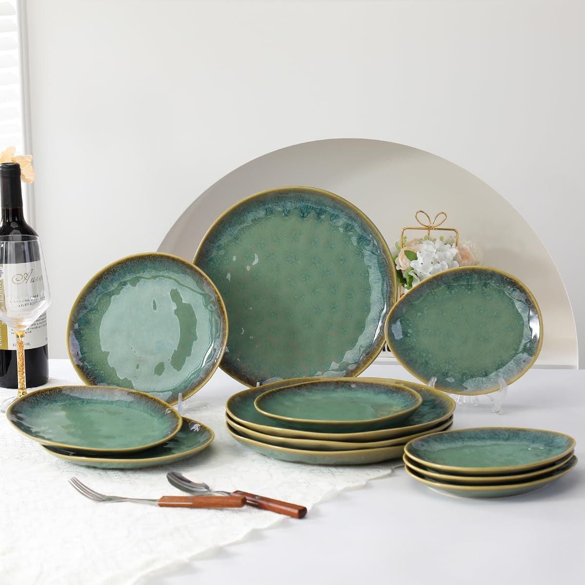 Henten Home Assiettes spéciales en grès, bols à snack et à sauce - 20x17cm pour 4 personnes, assiettes petit-déjeuner en porcelaine - design vert moderne