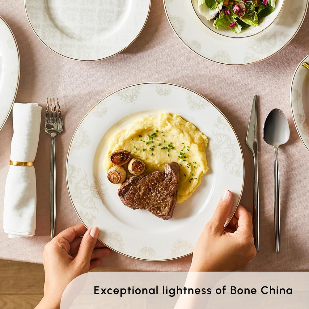 Karaca Elegance Bone Siena - set de veselă pentru 12 persoane, set modern de farfurii din porțelan, set de veselă cu boluri pentru supă, platou de servire, farfurii adânci, farfurii pentru desert - alb și auriu