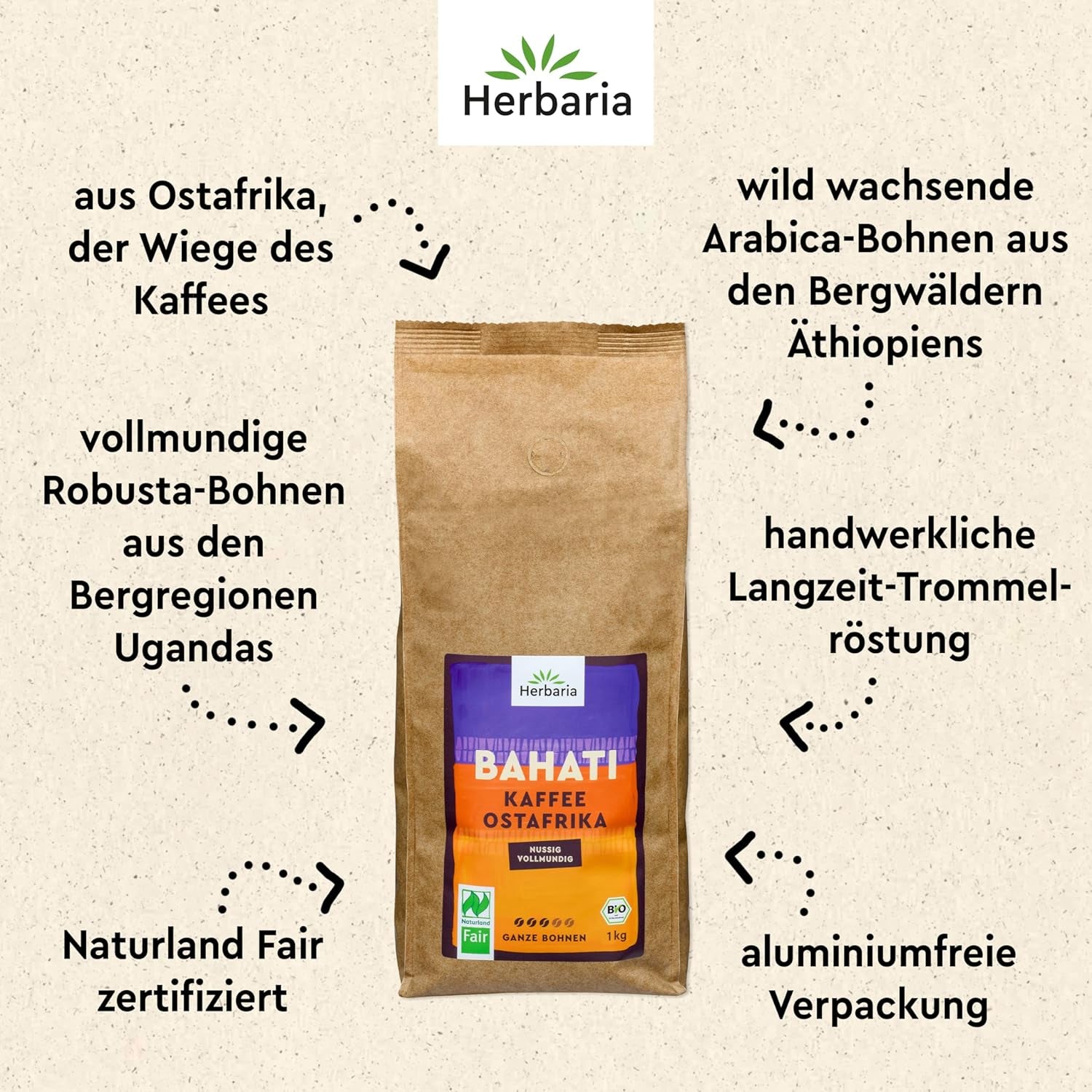 Herbiers BAHATI | BIO Café Ganze Bohnen | Naturland Fair certifié en Afrique du Sud | ausgefunge Röstaromen mit Noten von gerösteten Nüssen & Schokolade | Machines à café pour machines à café | 1kg