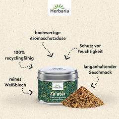Herbaria Za'atar bio 25g S-Dose – Zaatar Gewürz, Zaatar Gewürz - oriental Organic-Gewürmischung für Gerichte der Levante Küche - with erlesenen Ingredient - in nachhaltiger Aromaschutz-Dose