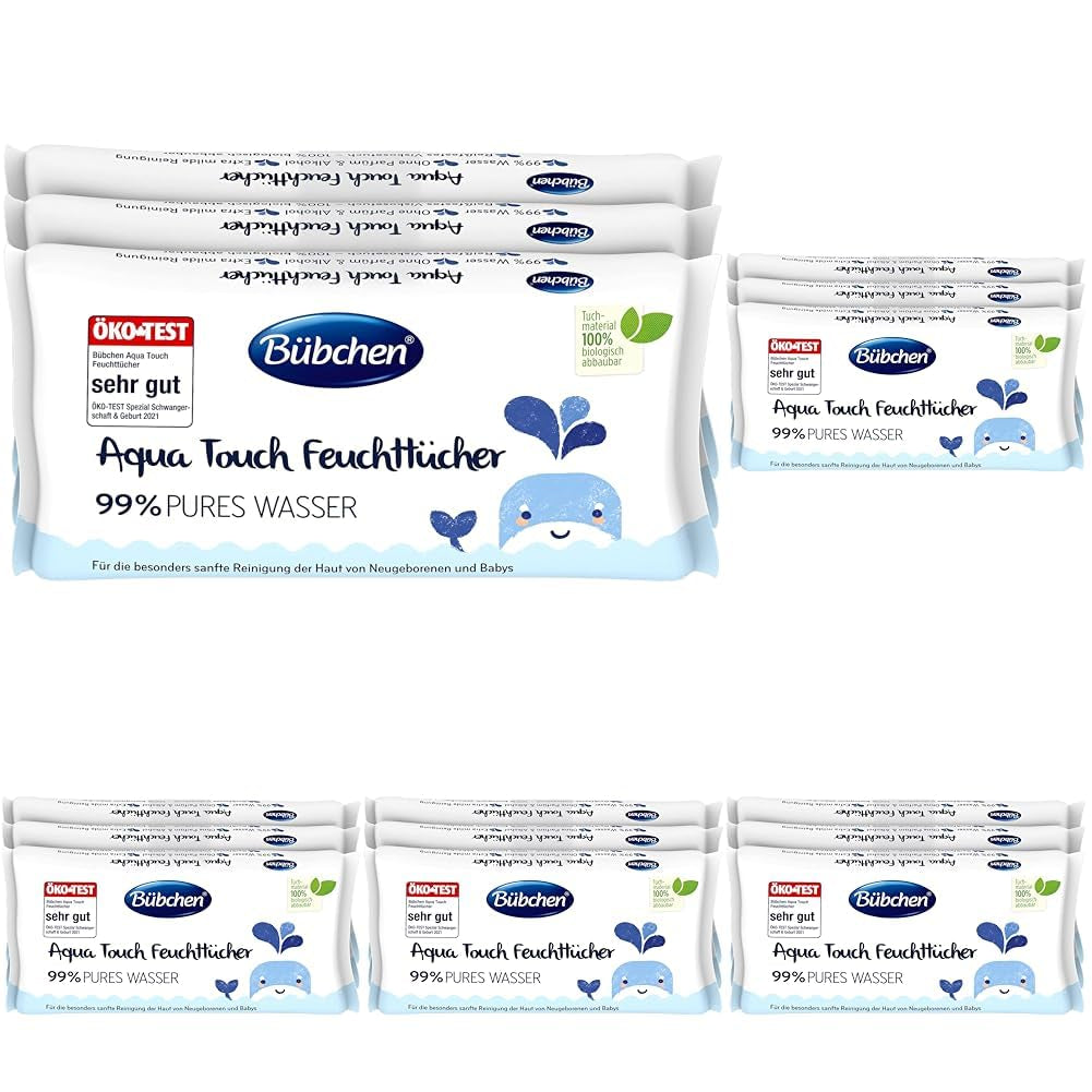 Bübchen Aqua Touch Lingettes humides pour bébé 144 pièces (3 x 48) - Lingettes pour soins de la peau sensible avec 99 % d'eau pure, lingettes humides pour nouveau-nés et bébés