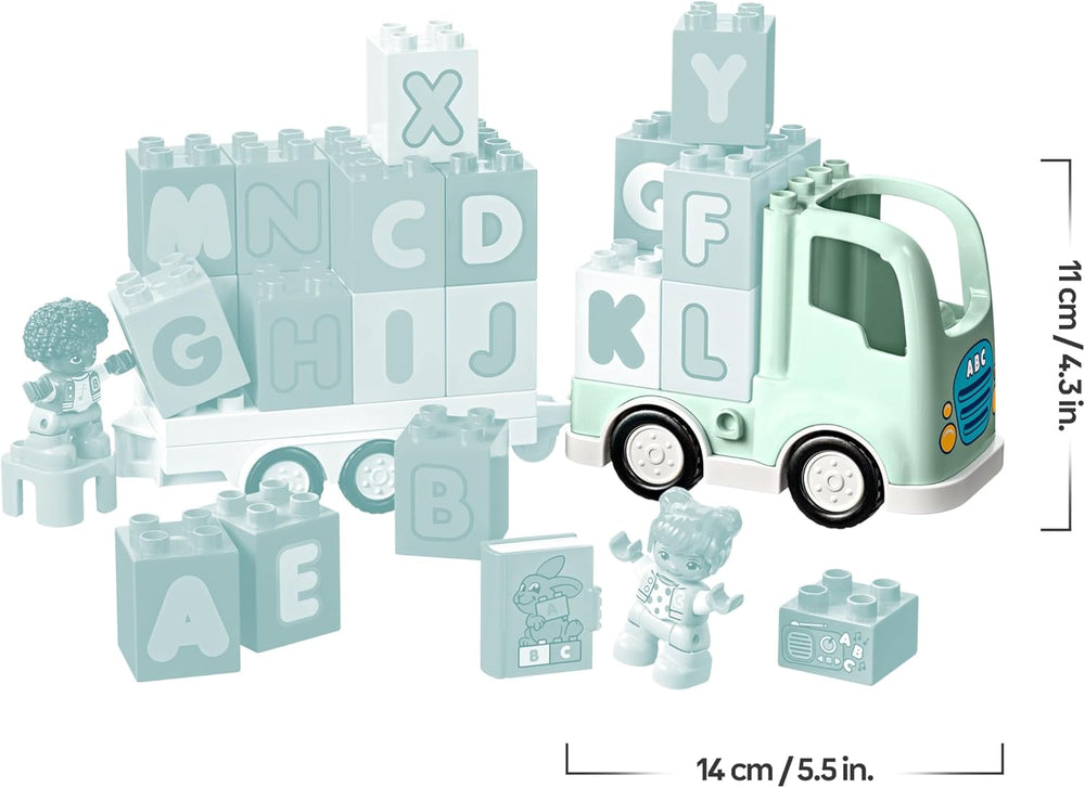 LEGO DUPLO Town ABC Truck, jeu de simulation pour petits enfants à partir de 2 ans, jeu ABC-LKW avec crochets et supports en bois, plus figurines d'un jeune et d'une fille, jeu pour enfants 10421