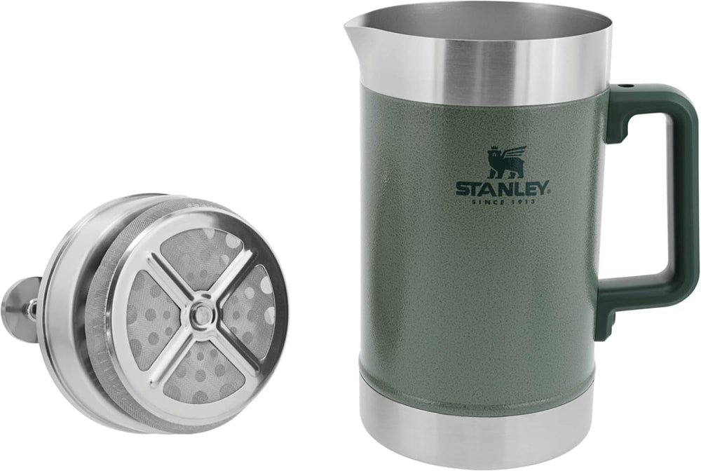 STANLEY Classic Stay Hot Coffee Press 1,4 L Hammertone Green - Garde le café chaud pendant 4 heures - Sédiment minimal - Presse à café intégrée en acier inoxydable - Sans BPA - Passe au lave-vaisselle