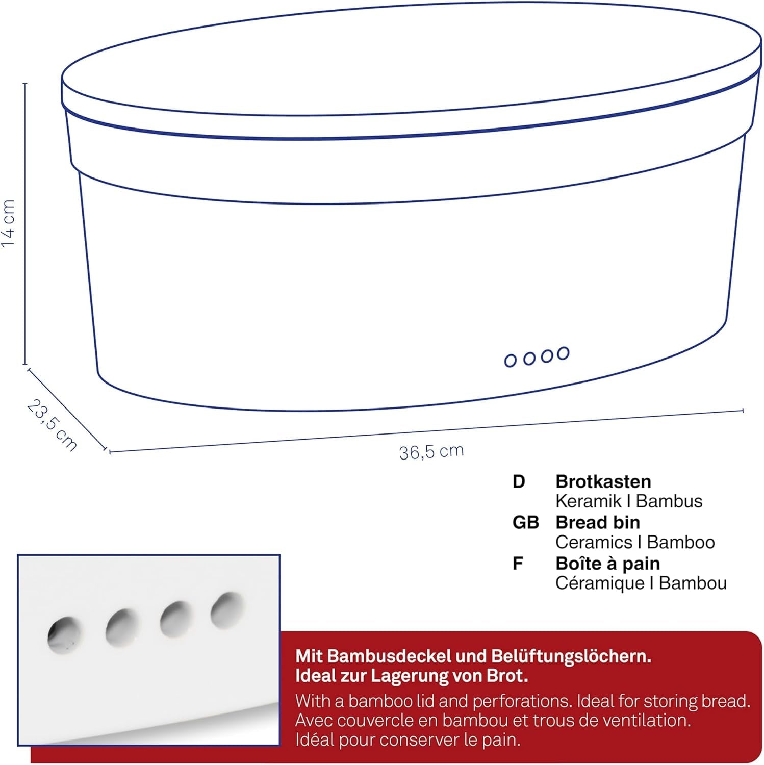 Boîte à pain Kela avec trous d'aération, boîte à pain en céramique, SALENA, bol à pain, blanc, 36,5 x 23,5 x 14 cm Boîtes de conservation alimentaire Naty Shop