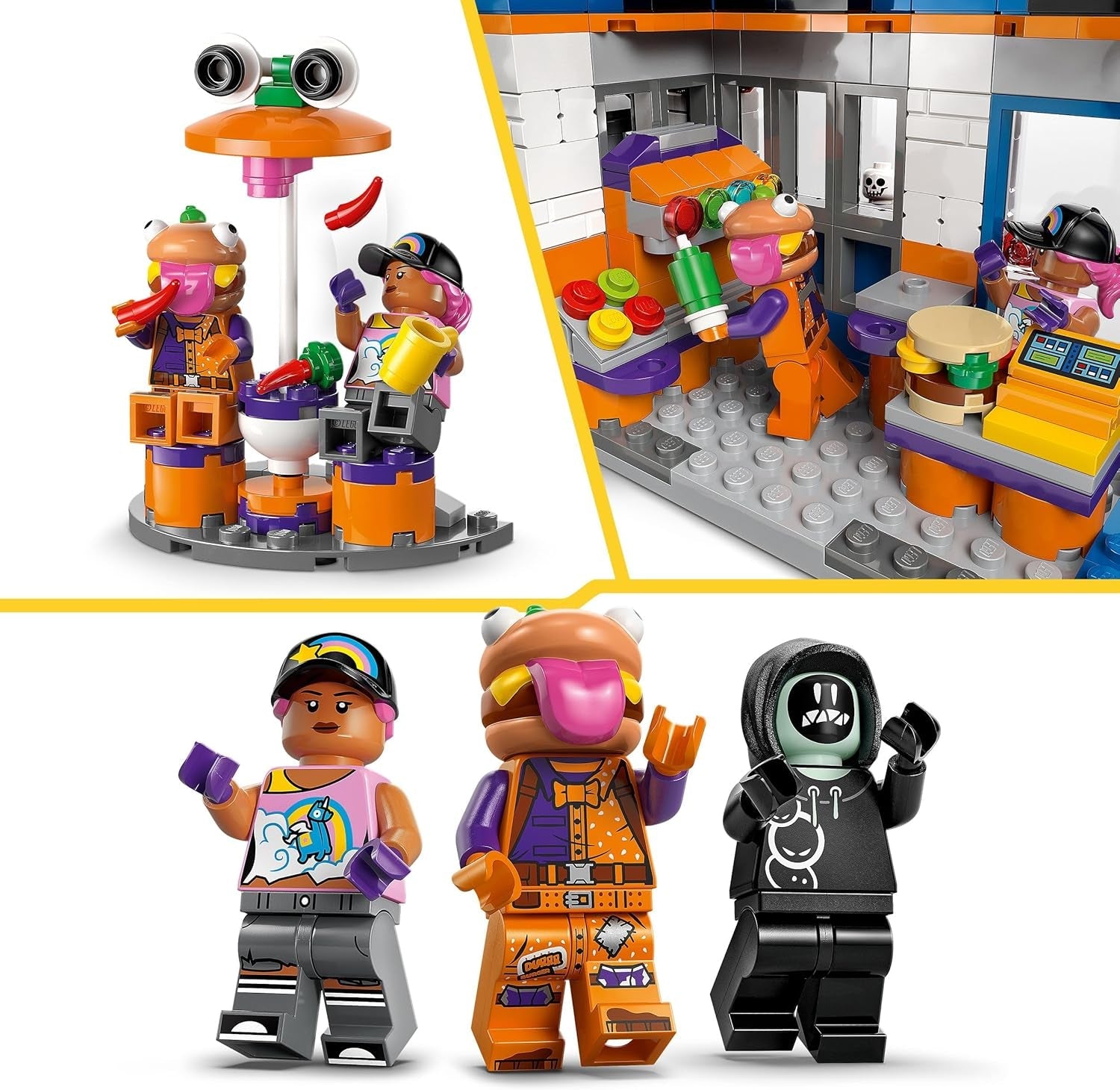 LEGO Fortnite Durrr Burger Restaurant - Jeu de jeu avec Strandbomber, Beefboss, Schmierfink et EIN Skelett Minifiguren - Ensemble de jeu de jeu pour jeunes et filles à partir de 10 ans - 77076
