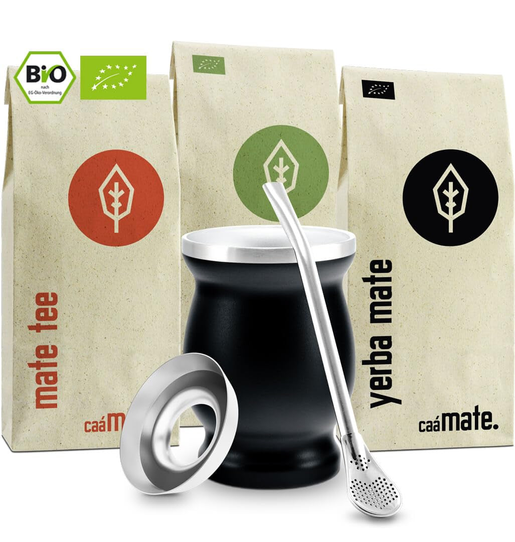 Service à thé Mate Bio ● 3 assortiments de Mate + Mug Mate en acier inoxydable à double paroi + Bombilla + Instructions de préparation (Noir)