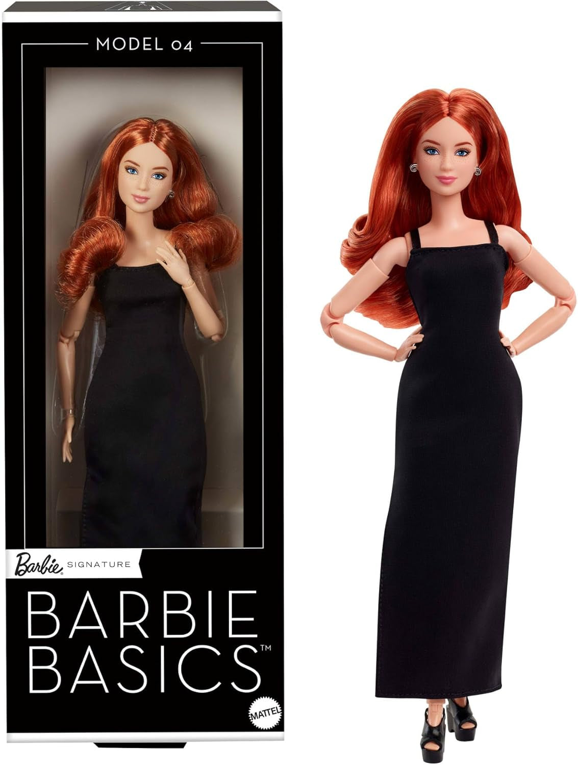 Barbie Basics - Poupée de collection modèle 4 avec boucles rouges, mini robe et bottes noires, taille unique, petit corps articulé et tête interchangeable, JBH74