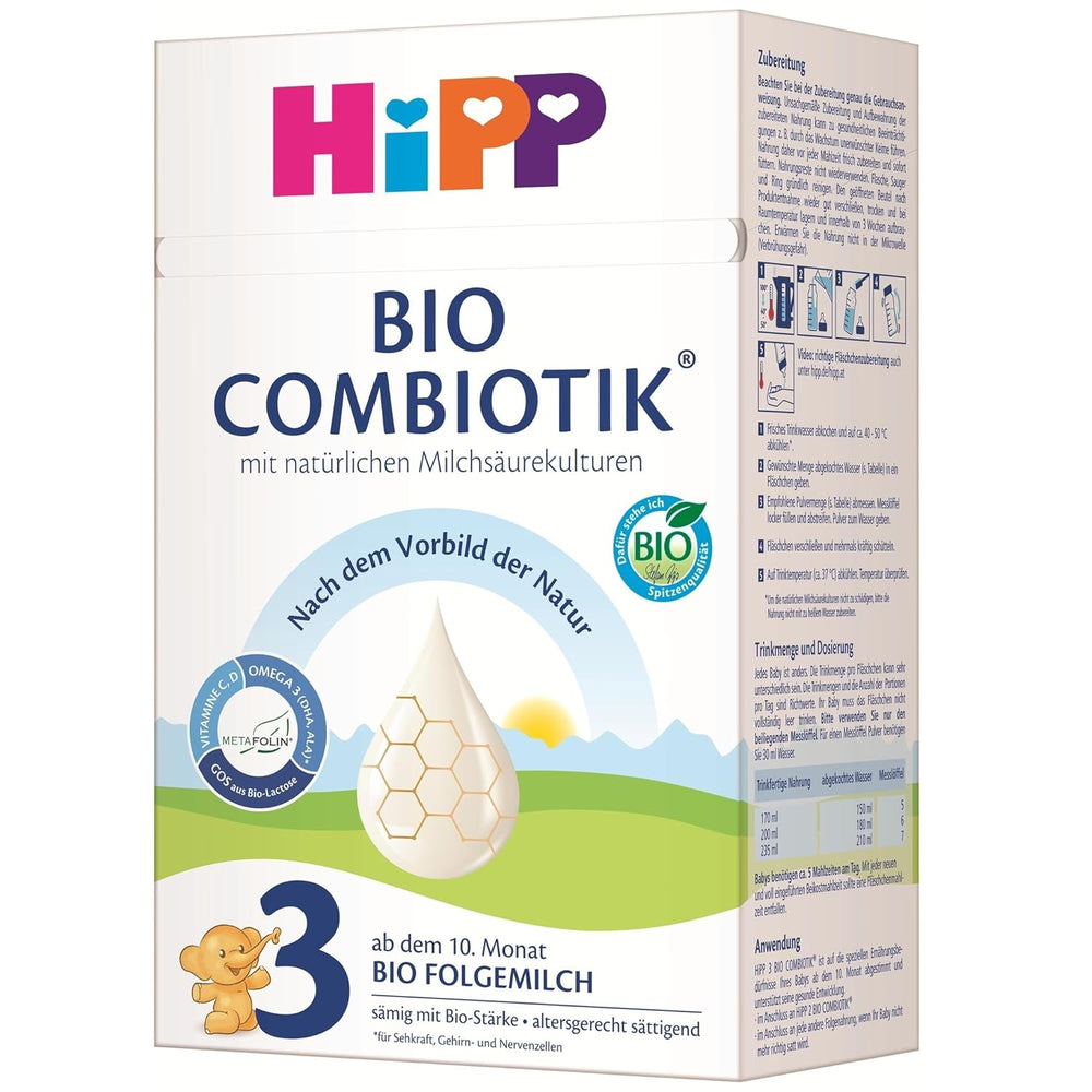 HiPP 3 Bio Combiotik (4 x 600g), lait de suite dès 10 mois, avec cultures naturelles d'acide lactique, vitamines C et D, GOS, Oméga-3 (DHA, ALA), de la meilleure qualité biologique