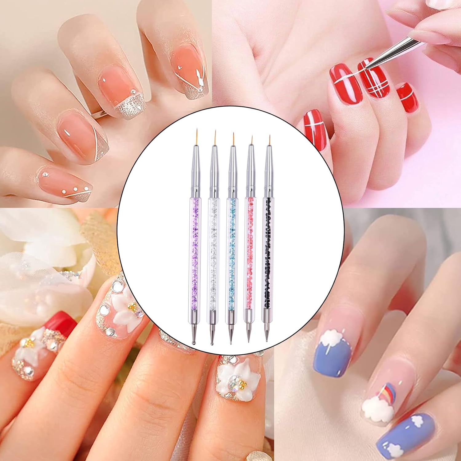 5 pièces Nagel Pinsel Set, Nageldesign Pinsel, outils de pointage Nail Art, stylo acrylique professionnel à double extrémité pour Nail Art Design