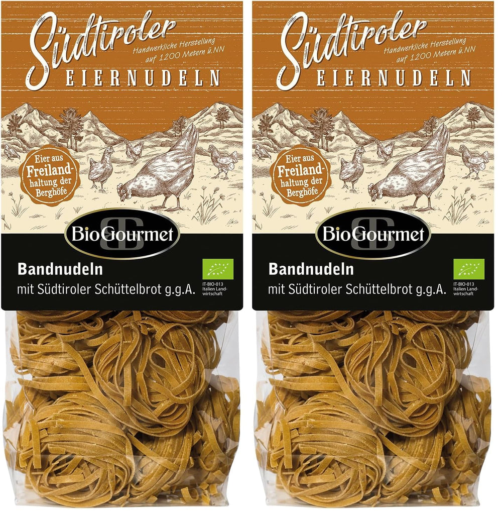 Nouilles en ruban BioGourmet au Schüttelbrot du Tyrol du Sud (IGP) | Nouilles aux œufs salées et aromatisées au véritable speck du Tyrol du Sud | 1 x 250g Bio