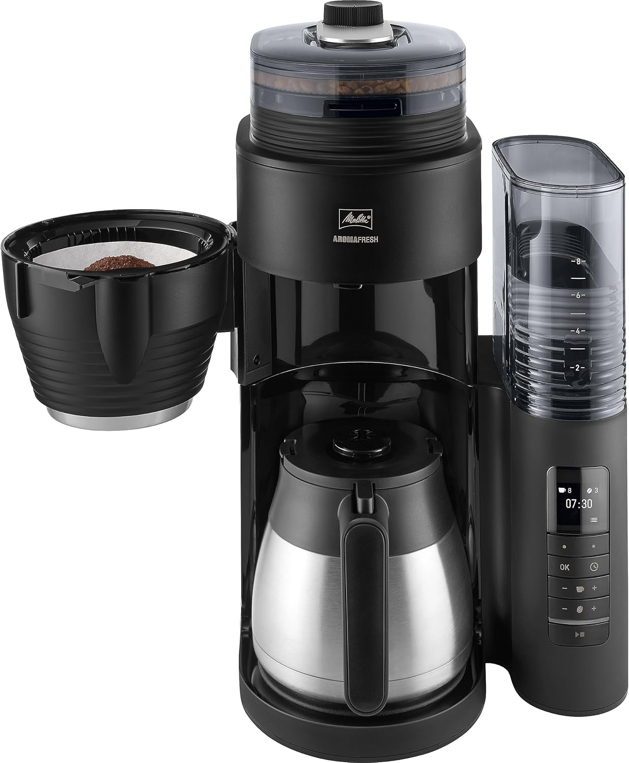 Melitta AromaFresh Therm Pro X - Machine à expresso avec filtre, moulin intégré, réservoir d'eau amovible, carafe thermique en acier inoxydable et fonction minuterie, pour jusqu'à 8 tasses de café, noir/argent