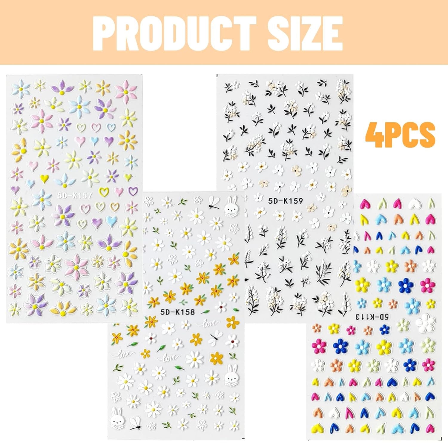 Set d'autocollants pour ongles pour le design des ongles, 4 feuilles de thèmes de décoration pour ongles, parfaits pour les ongles en gel 3D et les bandes de gel UV