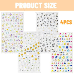Set d'autocollants pour ongles pour le design des ongles, 4 feuilles de thèmes de décoration pour ongles, parfaits pour les ongles en gel 3D et les bandes de gel UV