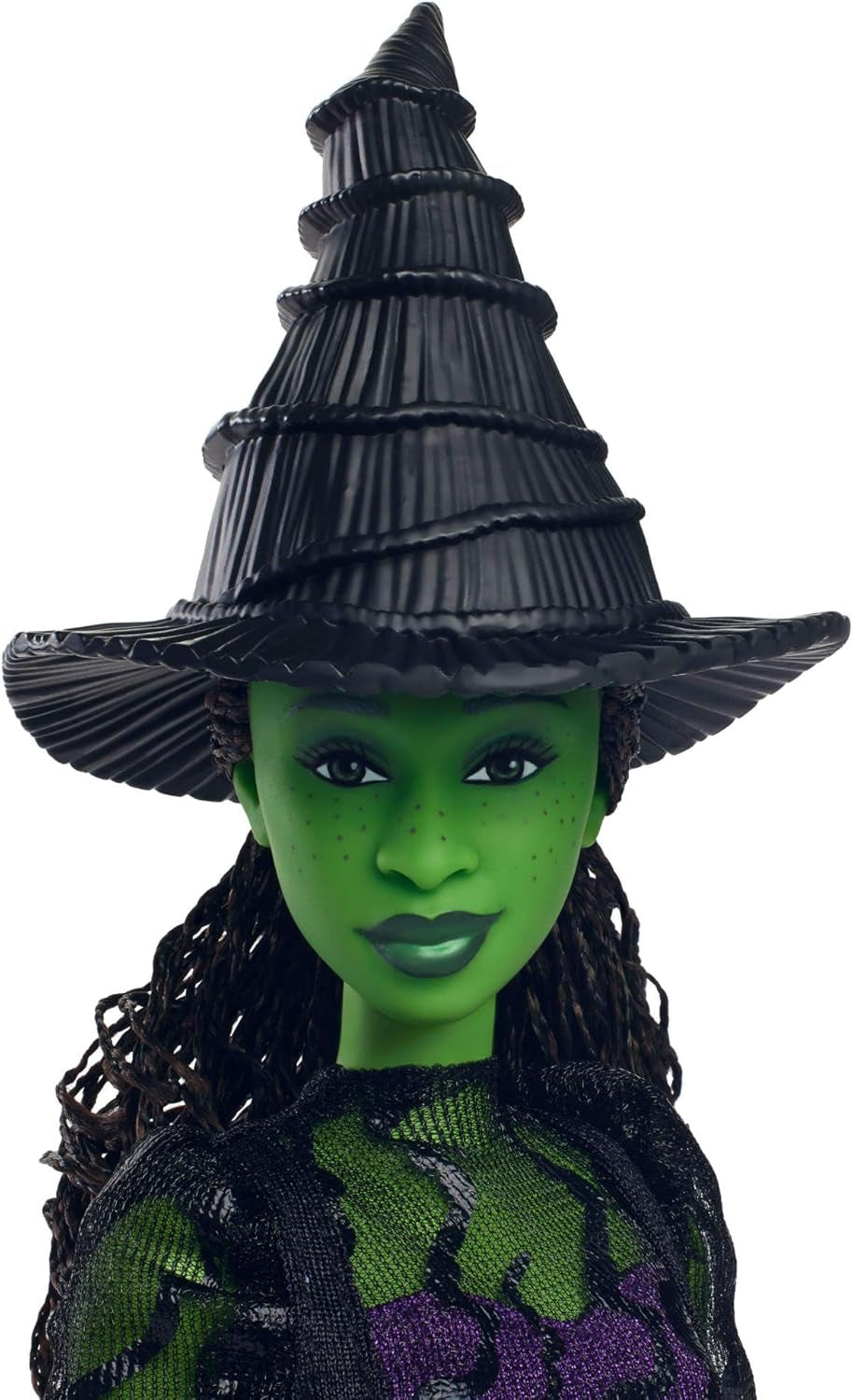 Mattel Wicked Elphaba Poupée mannequin et accessoires avec peau verte, cheveux tressés noirs, diverses poses possibles et apparence de robe de bal amovible, HXT62, [Multicolore]