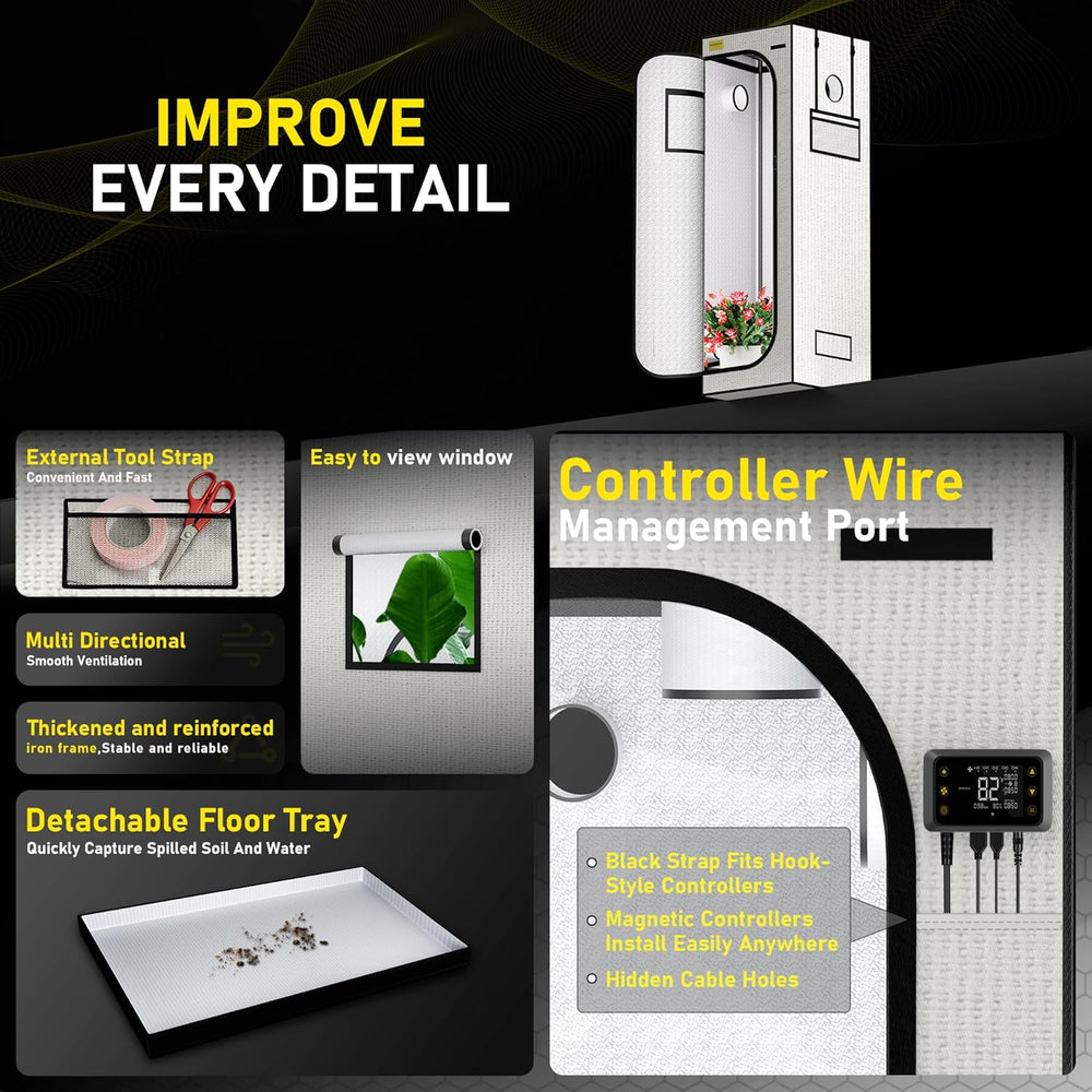 Tente de culture 60 x 60 x 180 cm, matériau Oxford 600D avec film réfléchissant en polyester, tubes en acier de 22 mm, aérations et fenêtres de visualisation, tentes de culture pour culture hydroponique, serres et jardins intérieurs