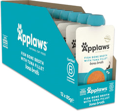 Applaws Hrană umedă 100% naturală pentru pisici – Supă de oase de pește cu ton, 12 pliculețe cu filtru x 85g