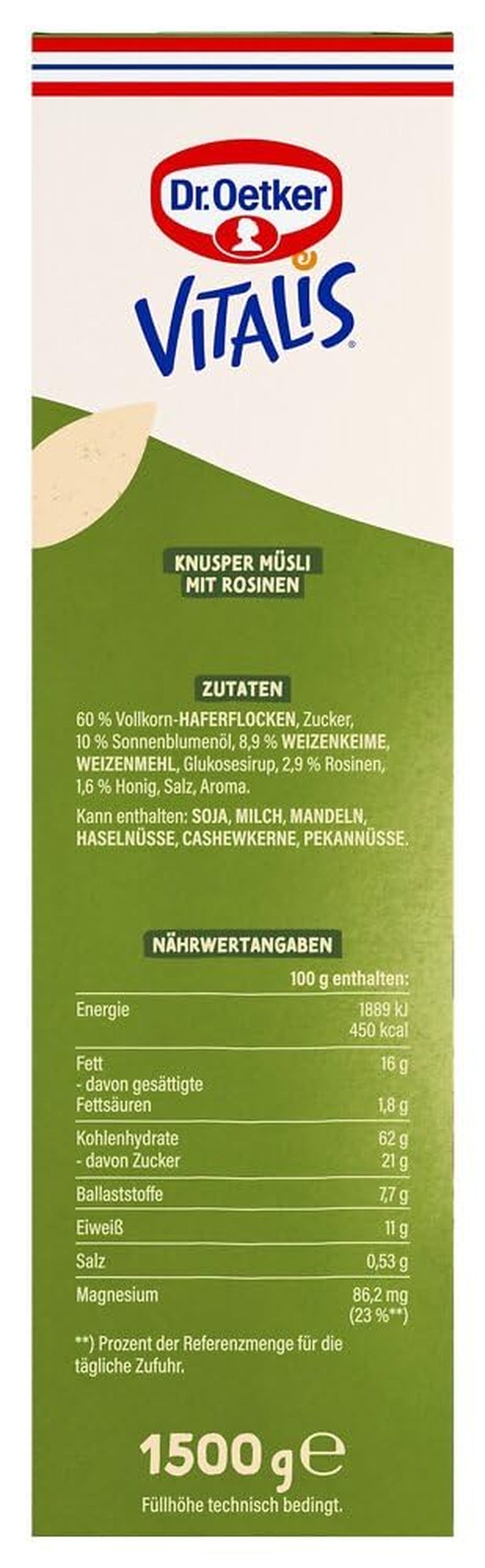 Dr. Oetker Vitalis Classic Crispy Muesli : Grand paquet de muesli croustillant pour petit-déjeuner aux raisins secs, 1 paquet, 1,5 kg