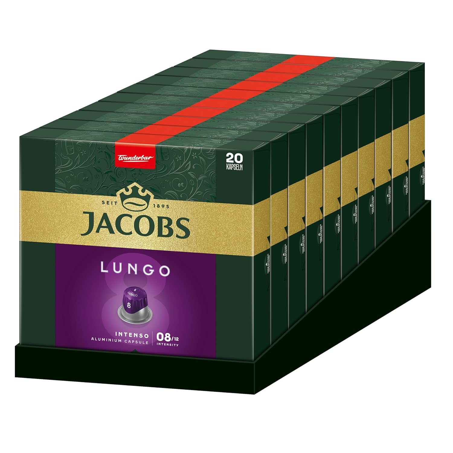 Jacobs Capsules de café Lungo Intenso, Intensité 8/12, 10 x 20 tasses, Capsules de café compatibles Nespresso*, 200 capsules