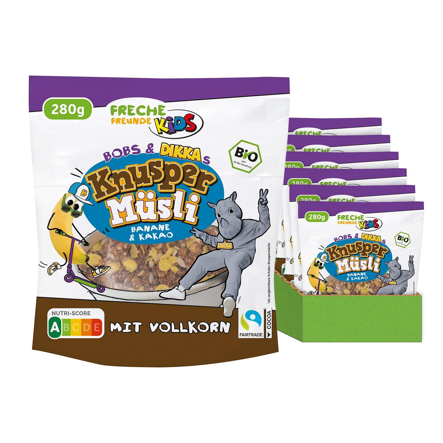 FRECHE FREUNDE KIDS, Bobs & DIKKAs Muesli croquant à la banane et au cacao, Muesli croquant au chocolat pour enfants, faible teneur en sucre, sans additifs, 100 % végétalien, 6 pièces (6 x 280 g)