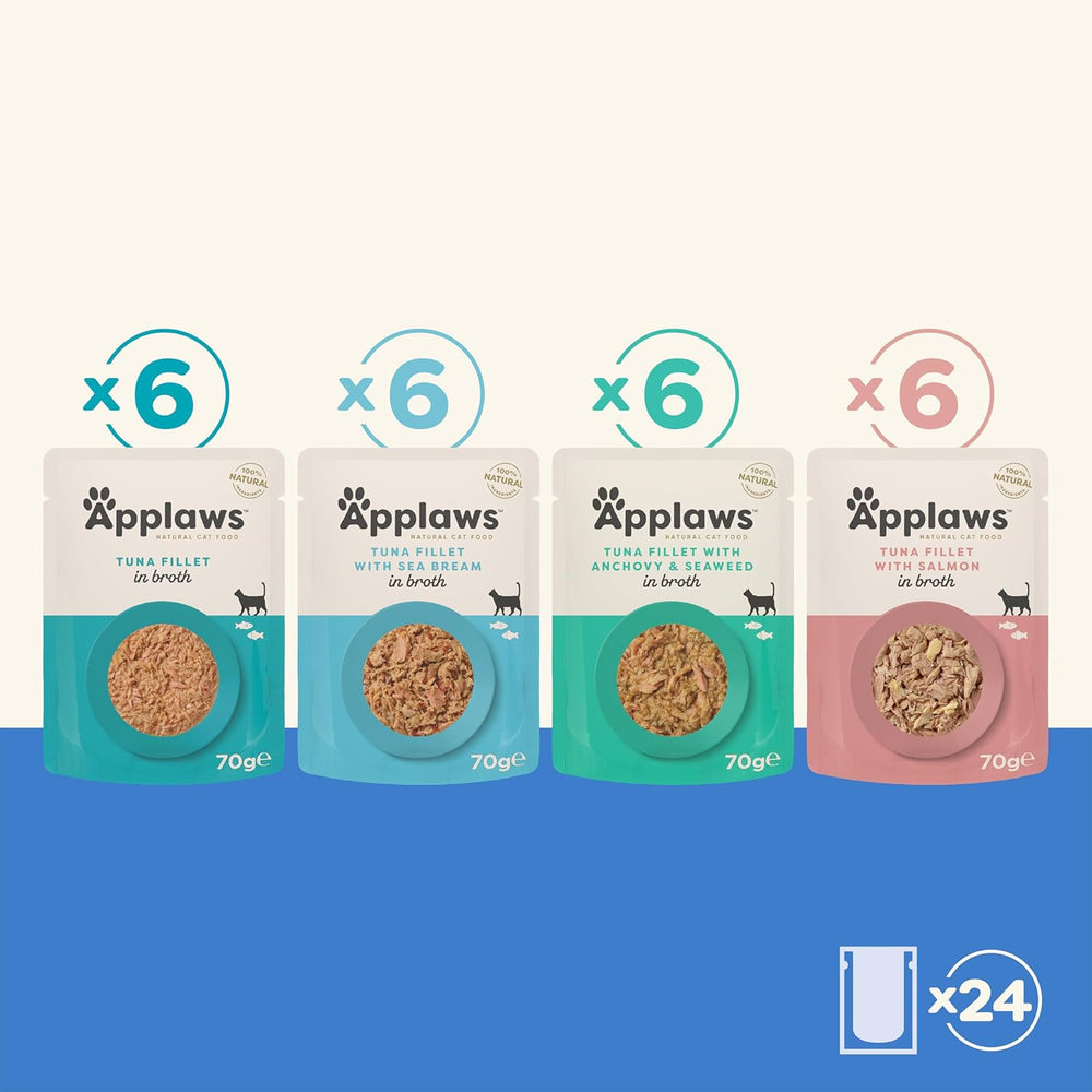 Applaws Sachets de sélection de poisson de nourriture humide pour chats 100% naturels en bouillon - Paquet de 24 sachets x 70 g