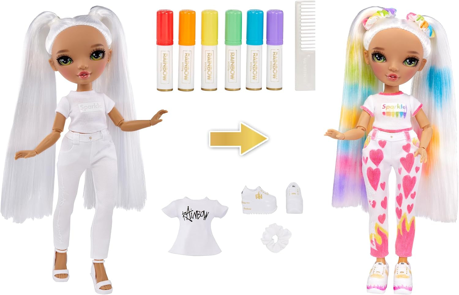 Rainbow High Color & Create DIY Modepuppe - Vert Augen, Zopfe, extra Top & Schuhe, abwaschbare Regenbogenstifte - Ausmalen, Gestalten, Spielen, Auswaschen - pour les enfants de 4 à 12 ans et les jeunes