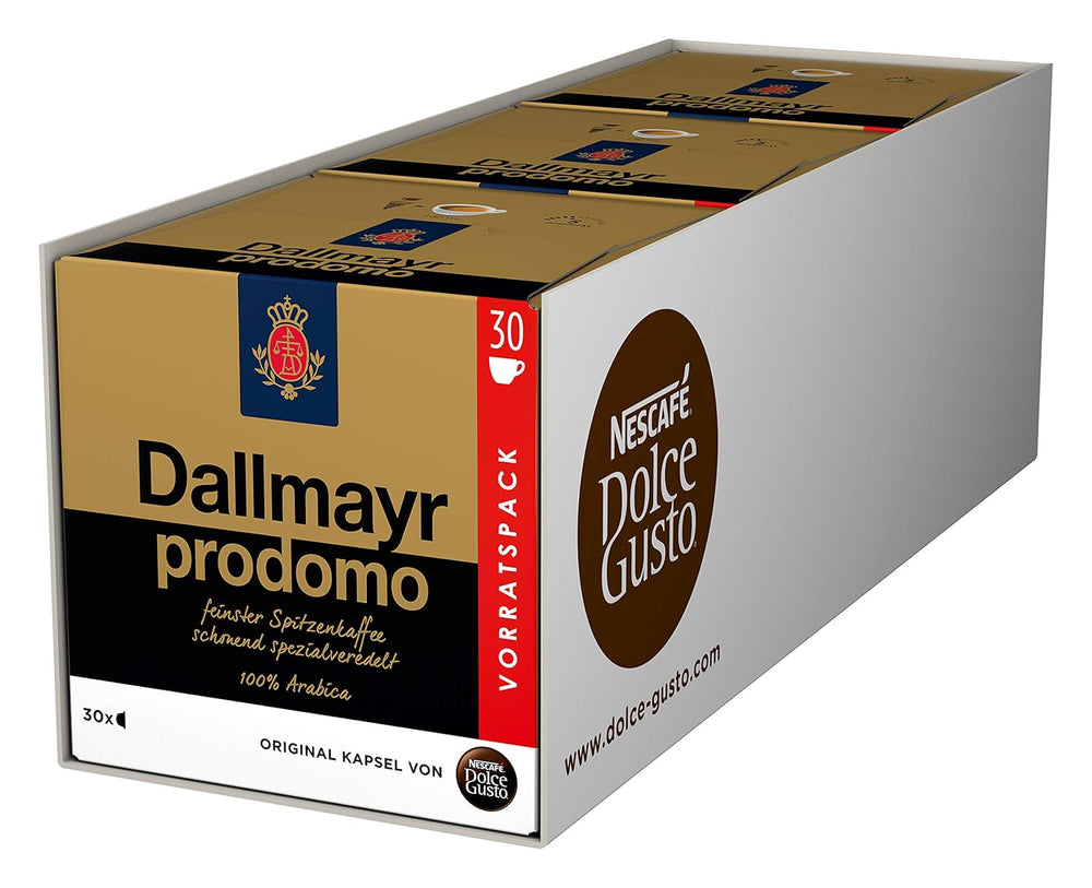 NESCAFÉ Dolce Gusto Dallmayr Prodomo, XXL-Vorratsbox, 90 Kaffeekapseln (3 x 30 Kapseln) & Dallmayr Crema d'Oro Caffè Latte (48 Kaffeekapseln, 48 Getränke, cremig&ausgefungen) 3er Pack (3 x 16 Kapseln)