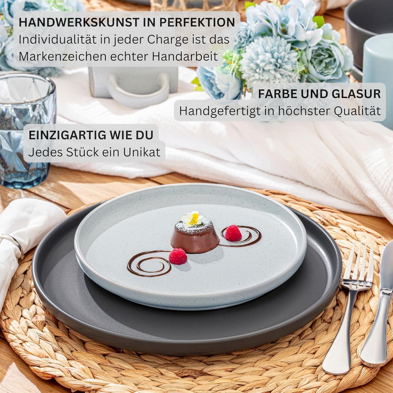 SÄNGER Leeds | Service de table en grès 12 pièces, service d'assiettes pour 4 personnes (4 assiettes plates, 4 assiettes à dessert, 4 bols), vaisselle colorée résistante aux rayures | LA COLLECTION VALEUR